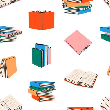 Kitaplar kusursuz desen. Kapalı ve kitap satırı arkaplanı açık. Edebiyat, sözlükler, planlamacılar el çizimi kalıplar. Vektör illüstrasyonu beyaz arkaplanda izole edildi