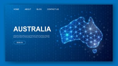 Avusturalya 3d çokgen web sitesi şablonu. Avustralya harita tasarımı illüstrasyon konsepti. Anasayfanın düşük polyester kıta silueti sembolü, tanıtım pankartı tasarımı.