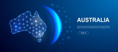 Avustralya 3d çokgen web sitesi şablonu sembolü. Bayrak tasarımı için düşük polyester kıta silueti çizimi. Avustralya harita tasarımı web sitesi tasarımı, dijital teknoloji konsepti.