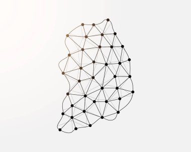 Güney Kore 'nin düşük poli sembolü ve bağlantılı noktalar. Kore Cumhuriyeti tasarım vektör illüstrasyonu. Web sitesi tasarımı ve dijital teknoloji konsepti için ülke haritası çokgen kablo çizimi.