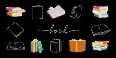 Kitap taslak seti. Kapalı ve açık kitap afişi. Kitapçı, kütüphane, kitapçı çizgisi yatay illüstrasyon. Edebiyat, sözlükler, ansiklopediler, planlamacılar. Vektör illüstrasyonu
