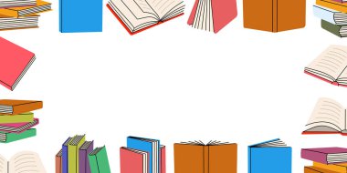 Kitaplar yatay afiş şablonu çizer. Kapalı ve kitap satırı arkaplanı açık. Kitapçı, kütüphane, kitapçı için vektör illüstrasyonu. Edebiyat, sözlükler, ansiklopediler, planlamacılar.