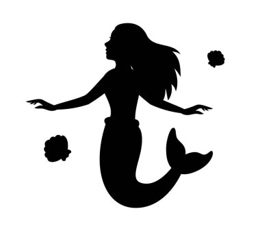 Deniz kabuklu bir deniz kızı. Efsanevi karakter logosu. Kuyruklu küçük yaratık. Beyaz arka planda izole edilmiş sihirli deniz kızı siyah sembolü.