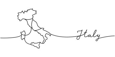 İtalya - ülke silueti ile kelime bir satır. Deyim çiziminin minimalist çizimi. İtalya 'nın silueti sürekli tek bir çizgiden oluşuyor. Beyaz arkaplanda izole.