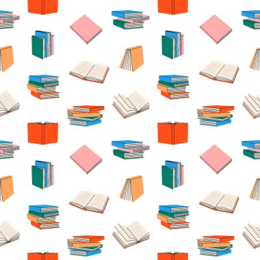 Kapalı ve açık kitaplar kusursuz desen. Kitap yığını arka plan. Kitapçı, kütüphane satırı sembolleri. Edebiyat, sözlükler, planlama kalıpları. Vektör illüstrasyonu beyaz arkaplanda izole edildi