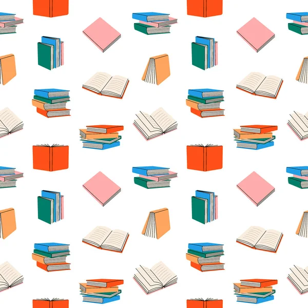 Livres Fermés Ouverts Motif Sans Couture Stack Books Line Background — Image vectorielle
