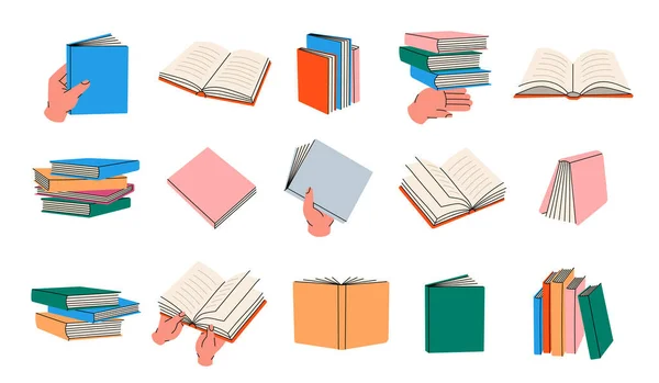 成堆的书成堆的教科书用于教育 封闭和开放的书籍 百科全书 规划者 在白色背景上孤立的彩色矢量图 — 图库矢量图片