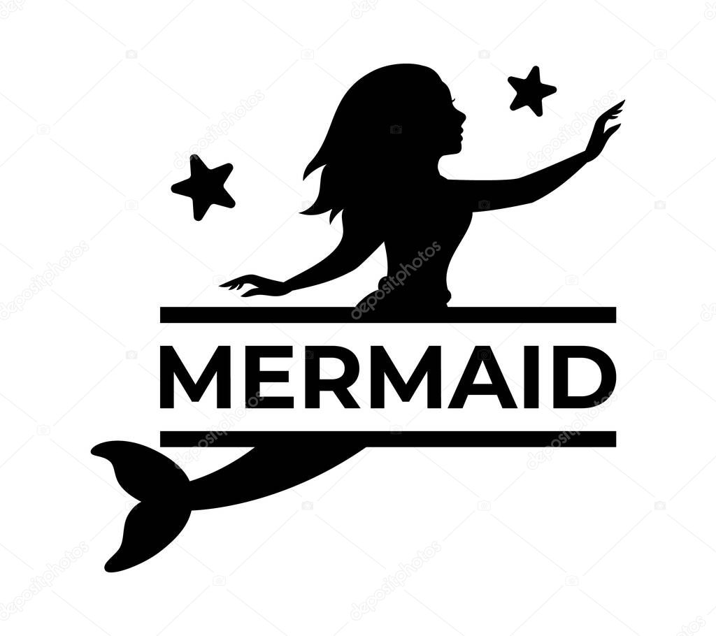 Magical mermaid logo with monogram. Kids name monogram. Swimming mermaid black silhouette. Mythical tale character in water. Little creature with tail isolated on white background.