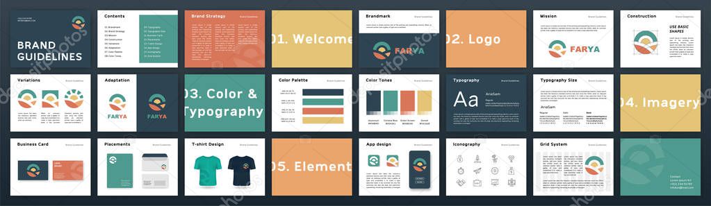 Multicolored Brand Guidelines template. Corporate Guide line identity presentation. Logo Guideline template. Logo Guide Book. Logotype presentation for agro company.