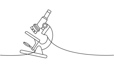 Mikroskop sürekli çizim halinde. Laboratuvar ekipmanları tek bir çizgiden oluşmaya devam ediyor. Vektör minimalist doğrusal çizim. Beyaz arkaplanda izole