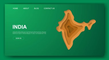 Hindistan 3D kağıt kesimi web sitesi şablonu. Hindistan haritası çizimi kesiyor. İniş sayfası için ülke haritası sembolü, reklam sayfası. Web sitesi tasarımı, dijital teknoloji konsepti.