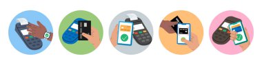 Kablosuz NFC ödemeleri. Telefon ya da kredi kartıyla ulaşılamayan ödemeler için POS terminali. Çevrimiçi ödeme. Mobil bankacılık uygulaması ve e-ödeme. Düz biçim illüstrasyonunda vektör