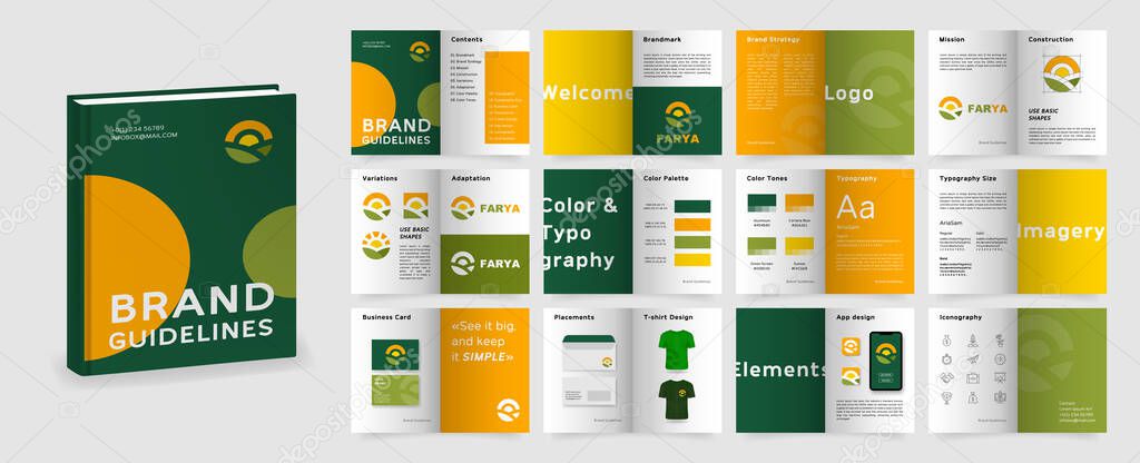 Green and Orange Brand Guidelines template. Brand Manual presentation in A4 size. Logo Guideline mockup. Logo Guide Book layout. Logotype presentation template for agro company.