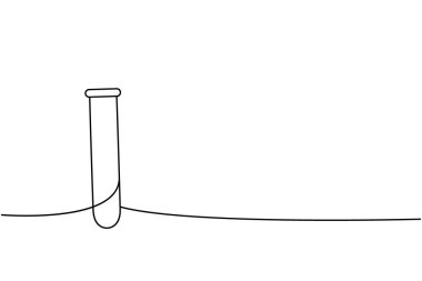 Deneme tüpü bir çizgi sürekli çizim. Laboratuvar cam ekipmanları sürekli tek bir çizgiden oluşuyor. Vektör minimalist doğrusal çizim. Beyaz arkaplanda izole