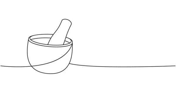 ペストル1行連続描画とモルタル キッチンツール連続オンラインイラスト ベクトル最小限の線形イラスト 白地に隔離された — ストックベクタ