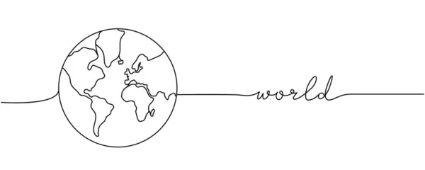 Monde Mot Avec Silhouette Planète Une Ligne Dessin Minimaliste Illustration — Image vectorielle