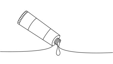 Kozmetik tüp, kozmetik krem bir çizgi sürekli çizim. Makyaj ve güzellik aletleri sürekli tek bir çizgiden ibarettir. Vektör doğrusal çizim. Beyaz arkaplanda izole