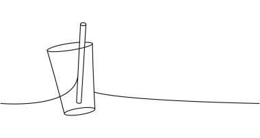 Tek çizgi halinde sürekli çizilmiş bir kamış. Boş bardak ya da plastik şişe sürekli tek bir çizgi çizimi. Vektör doğrusal çizim. Beyaz arkaplanda izole