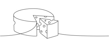 Peynir çarkı bir çizgi aralıksız çiziyor. Peynir ürünleri tek bir çizgi çizimi sürdürür. Vektör minimalist doğrusal çizim. Beyaz arkaplanda izole