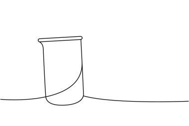 Laboratuvar cam deney şişesi. Sürekli çizim halinde. Laboratuvar cam ekipmanları sürekli tek bir çizgiden oluşuyor. Vektör minimalist doğrusal çizim. Beyaz arkaplanda izole