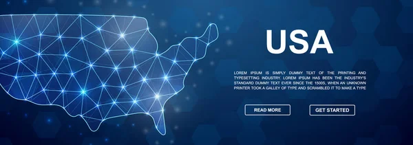米国3D低ポリ頭プロモーションバナー アメリカデザインイラストコンセプト ウェブサイトのデザイン デジタル技術の概念のための水平多角形の国の地図のポスターイラスト — ストックベクタ