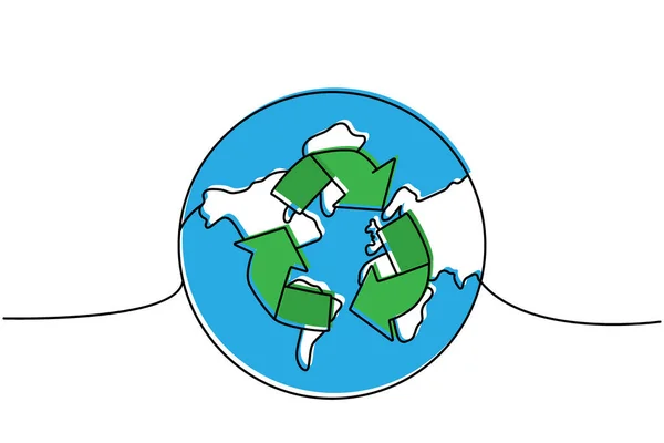 Aarde Met Recycle Symbool Gekleurd Een Lijn Continue Tekening Recycling — Stockvector