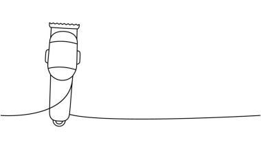 Elektrikli saç makası. Bir sıra sürekli çizim. Berber dükkanı ve kuaför aletleri sürekli tek bir çizgiden ibarettir. Vektör minimalist doğrusal çizim. Beyaz arkaplanda izole