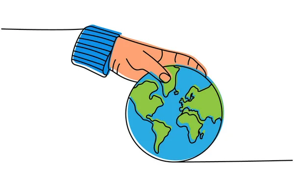 Man Hand Gooien Van Een Wereldkaart Gekleurd Een Lijn Continue — Stockvector