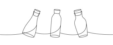 Cam şişeler bir çizgi aralıksız çizim. Boş cam şişeler sürekli tek bir çizgiden ibarettir. Vektör doğrusal çizim. Beyaz arkaplanda izole