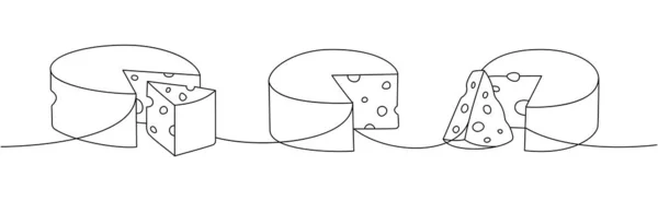 ホイールチーズは1ライン連続描画を設定します チーズ連続1行のイラストのさまざまなタイプ ベクトル最小限の線形イラスト 白地に隔離された — ストックベクタ
