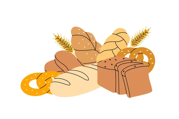 Fırın Ürünleri Ekmek Pasta Tatlı Ile Çizimi Pastane Koleksiyonu Buğday — Stok Vektör