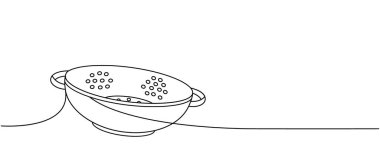 Kevgir, bir sıra sürekli çizim yap. Mutfak aletleri tek satırlık illüstrasyonlar halinde. Vektör minimalist doğrusal çizim. Beyaz arkaplanda izole