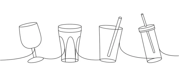 Tasses Verre Une Ligne Dessin Continu Tasses Verre Vides Illustration — Image vectorielle