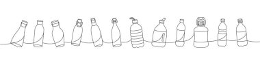 Şişe bir satır aralıksız çizim. Boş bardaklar ve plastik şişeler sürekli tek bir çizgiden ibarettir. Vektör minimalist doğrusal çizim. Beyaz arkaplanda izole