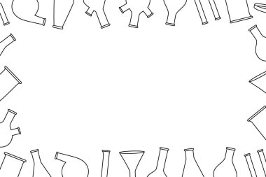 Laboratuvar cam kaplamalı yatay ana hatlı afiş. Kimyasal ve ilaç laboratuvarı ölçüm aletleri. Konik matara, cam beher, yuvarlak matara, filtre huni, U tüpü, mezun silindir, mikroskop.