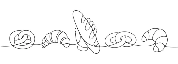 Gebäckprodukte Eine Linie Ununterbrochene Zeichnung Weizenbrot Brezel Ciabatta Croissant Durchgehend — Stockvektor