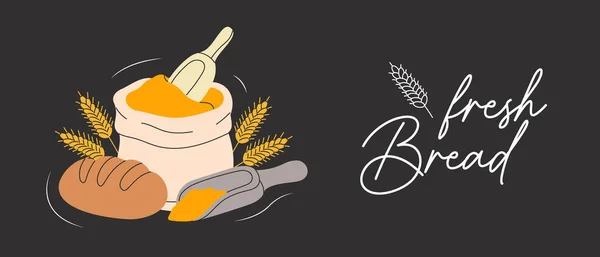 Fırın Yatay Afişi Ekmek Pasta Tatlı Ile Çizimi Buğday Ekmeği — Stok Vektör