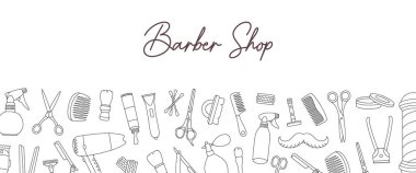 Berber dükkanı yatay taslak afişi. Berber dükkanı tasarımı için yatay arka plan. Ustura, saç makası, makas, tarak, kurutma makinesi, sprey şişesi. Vektör illüstrasyonu siyah arkaplanda izole edildi.