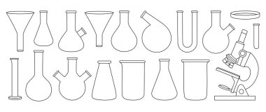 Laboratuvar cam taslak seti. Kimyasal ve ilaç laboratuvarı ölçüm aletleri. Konik matara, cam beher, yuvarlak matara, filtre huni, U tüpü, mezun silindir, mikroskop.