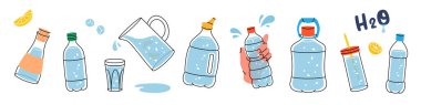 Farklı tipte şişeler. Biraz daha su iç. Plastik su şişeleri. Bardaklar, şişeler, sürahi, kavanoz, temiz suyla dolu matara. Vektör çizimi. Beyaz arkaplanda izole