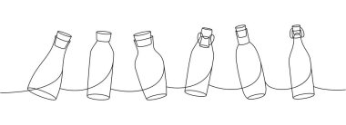 Cam şişeler aralıksız bir çizim. Boş cam şişeler sürekli tek bir çizgiden ibarettir. Vektör doğrusal çizim. Beyaz arkaplanda izole