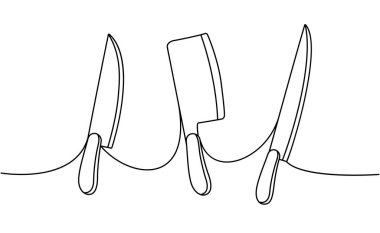 Bıçak sürekli bir çizgi çiziyor. Mutfak aletleri tek satırlık resimlerdir. Vektör minimalist doğrusal çizim. Beyaz arkaplanda izole