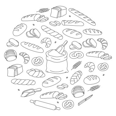 Çember tasarımlı fırın ürünleri. Fırın menüsü tasarımı. Buğday ekmeği, kraker, ciabatta, kruvasan, Fransız ekmeği. Vektör çizimi. Beyaz arkaplanda izole.