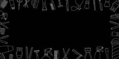 Kuaför çantası. Berber dükkanı yatay taslak afişi. Berber direği, jilet, saç makası, makas, tarak, kurutma makinesi, sprey şişesi. Vektör illüstrasyonu siyah arkaplanda izole edildi.