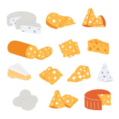 Farklı peynir çeşitleri. Dahili delikleri olan peynir parçaları. Cheddar, camembert, brick, mozzarella, maasdam, brie, rokfor, gouda, feta ve parmesan. Vektör illüstrasyonu
