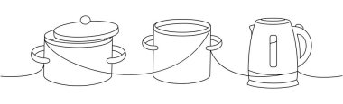 Mutfak aletleri tek sıra halinde. Kapaklı tencere, tencere, elektrikli su ısıtıcısı sürekli bir çizgi çizimi. Beyaz arkaplanda izole