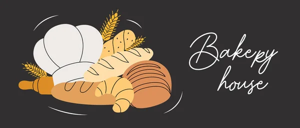 パン屋さんのためのパン黒板バナー ベーカリーショップコレクション 小麦パン プレッツェル シアバッタ クロワッサン フレンチバゲット ベクターイラスト — ストックベクタ