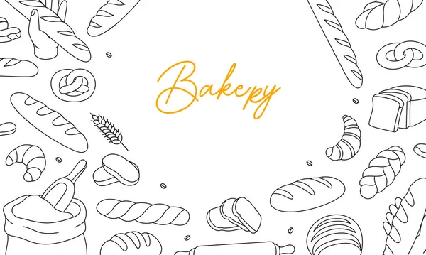 Bageri Produkter Horisontella Kontur Banner Bröd Och Bakverk Menyn Illustration — Stock vektor