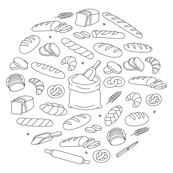 Bakery products in circle design. Bakery menu design. Wheat bread, pretzel, ciabatta, croissant, french baguette. Vector illustration. Isolated on white background.