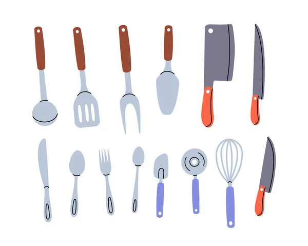 Кухонные Принадлежности Кухонная Ложка Нож Вилка Кухонный Венчик Резак Пиццы — стоковый вектор
